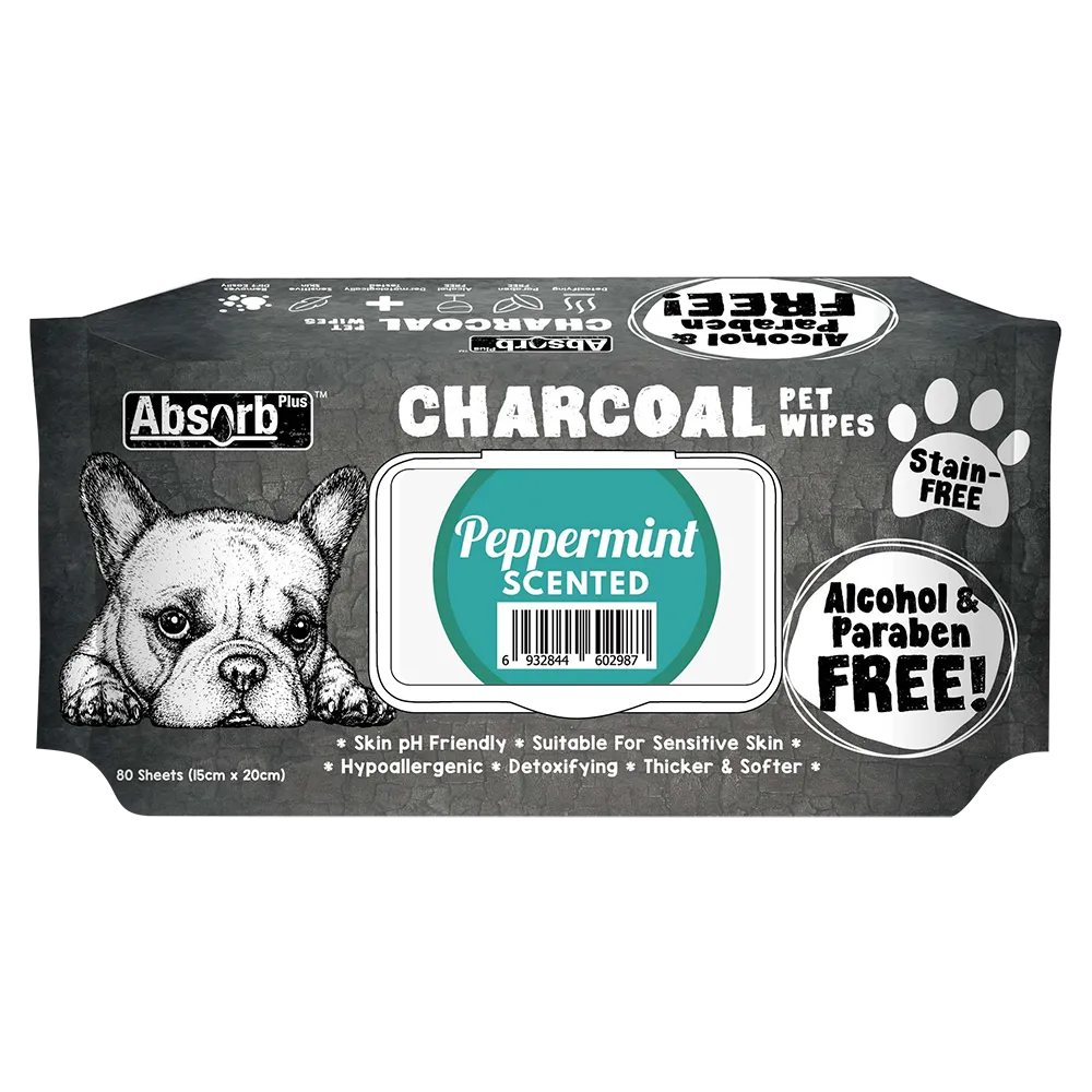 Absorb Plus Charcoal Pet Wipes Peppermint Scented 15cm x 20cm - 80sheets