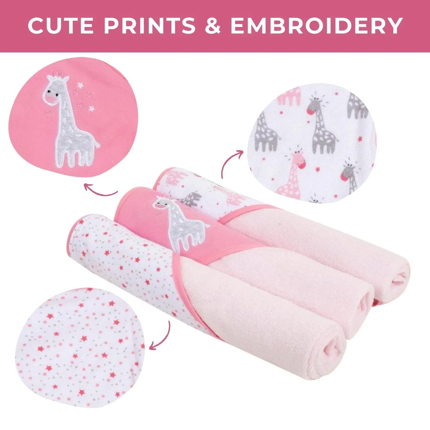 Baby Moo Giraffe And Tiny Dots Supersoft Highly Absorbent Durable Hooded Towel Set - Pink