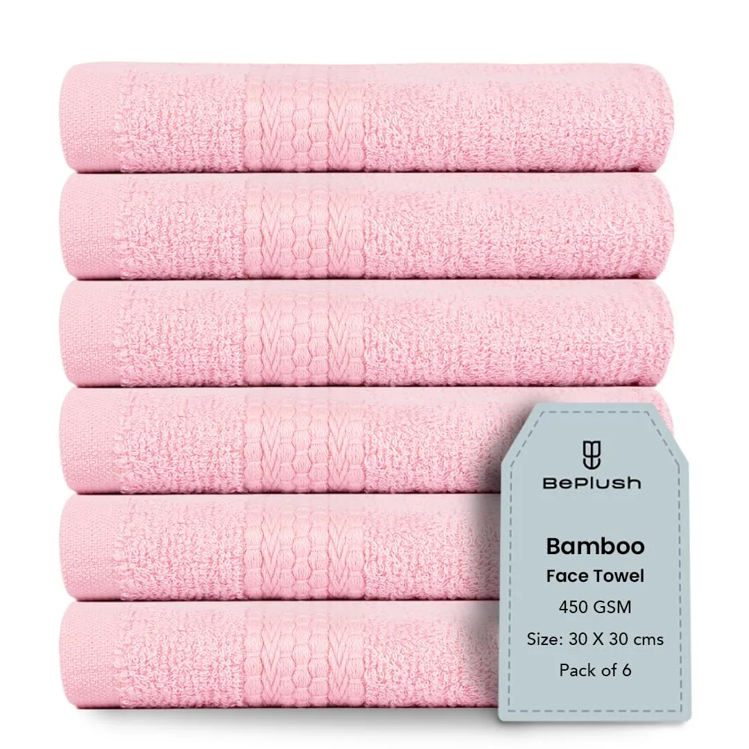 BePlush 450 GSM Bamboo Towel | Ultra Soft, Absorbent, & Quick Dry Towels for Gym, Travel (Face Towel, Pink, Pack of 6)