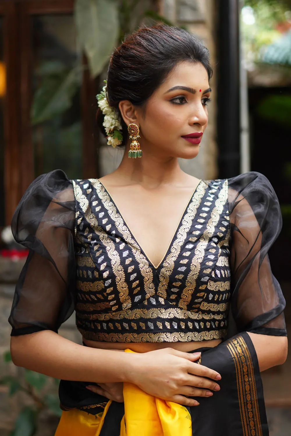 Black Brocade Blouse with Organza Puff Sleeves Mix and Match Blouse for saree, Made to Order