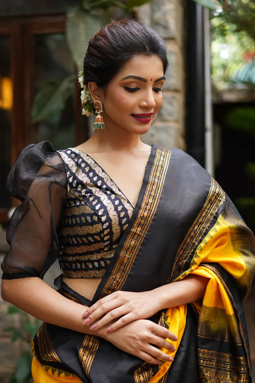 Black Brocade Blouse with Organza Puff Sleeves Mix and Match Blouse for saree, Made to Order