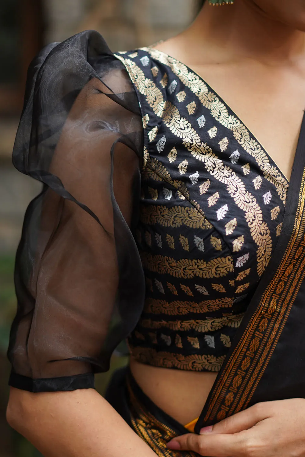 Black Brocade Blouse with Organza Puff Sleeves Mix and Match Blouse for saree, Made to Order