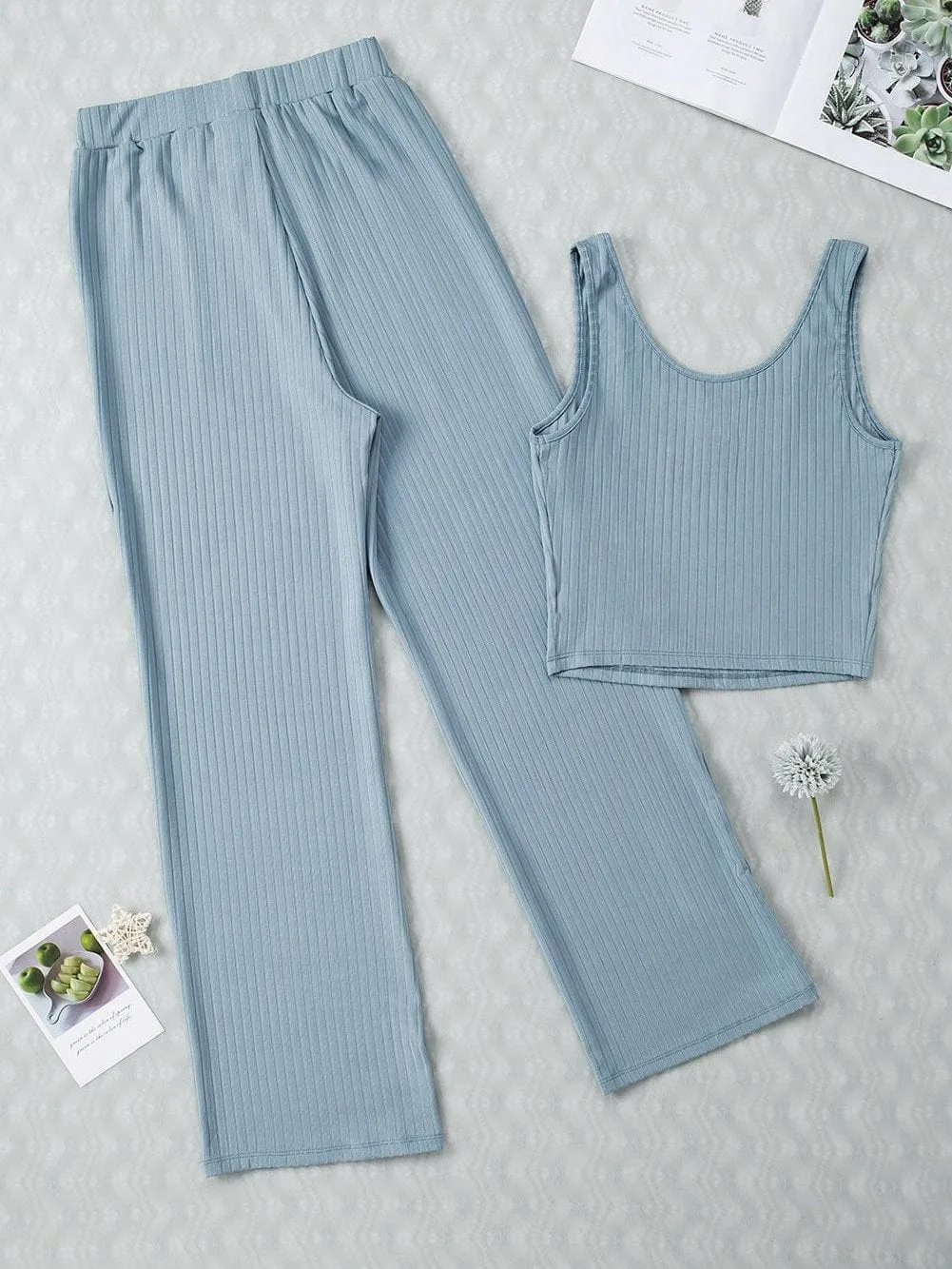 Blue Ribbed Lounge Set with Crop Tank and Drawstring Pants