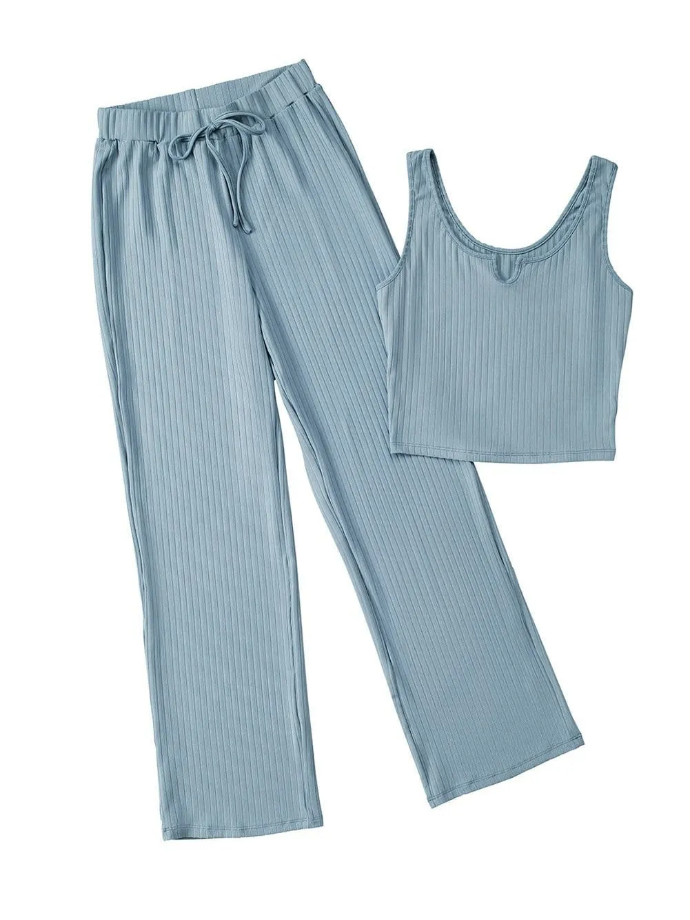 Blue Ribbed Lounge Set with Crop Tank and Drawstring Pants