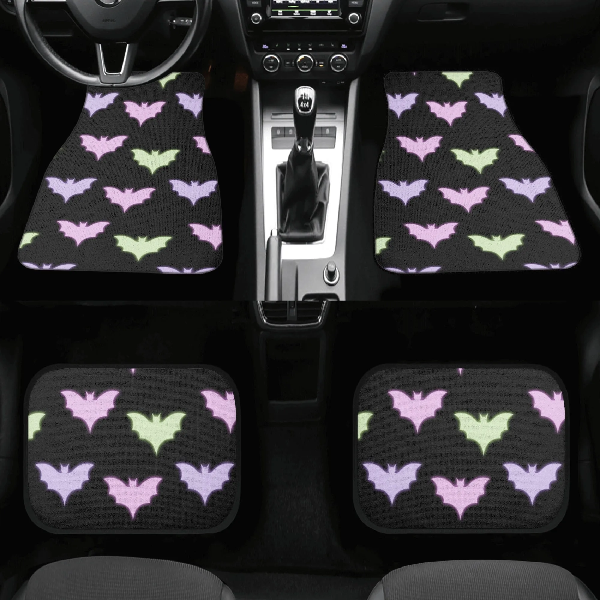 Car Floor Mats | Set of 4 | Universal size | All Weather proof | Affordable | Washable- Pastel Goth Halloween Bats