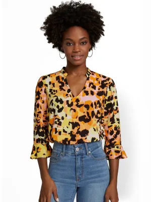 Cheetah-Print V-Neck Bell-Sleeve Top