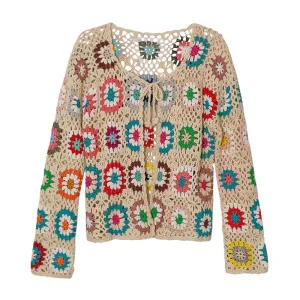 CQM Design Women's Elegant Retro Fashion Crochet Woven Sweater Jacket