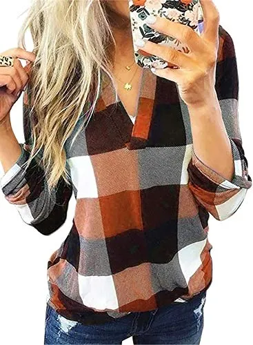 Dokotoo Women's Spring Summer Fall Fashion Casual Ladies Basic Cuffed 3/4 Long Sleeve Plaid Print V Neck Work Tops Tunic Shirts and Blouses for Women 2021 Orange