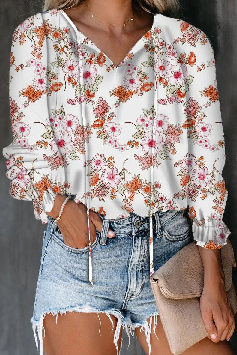 Floral Print Lace-Up V-Neck Long Sleeve T-Shirt Women'S Top Trendy Wholesale Blouse