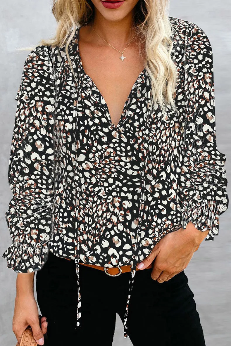 Floral Print Lace-Up V-Neck Long Sleeve T-Shirt Women'S Top Trendy Wholesale Blouse