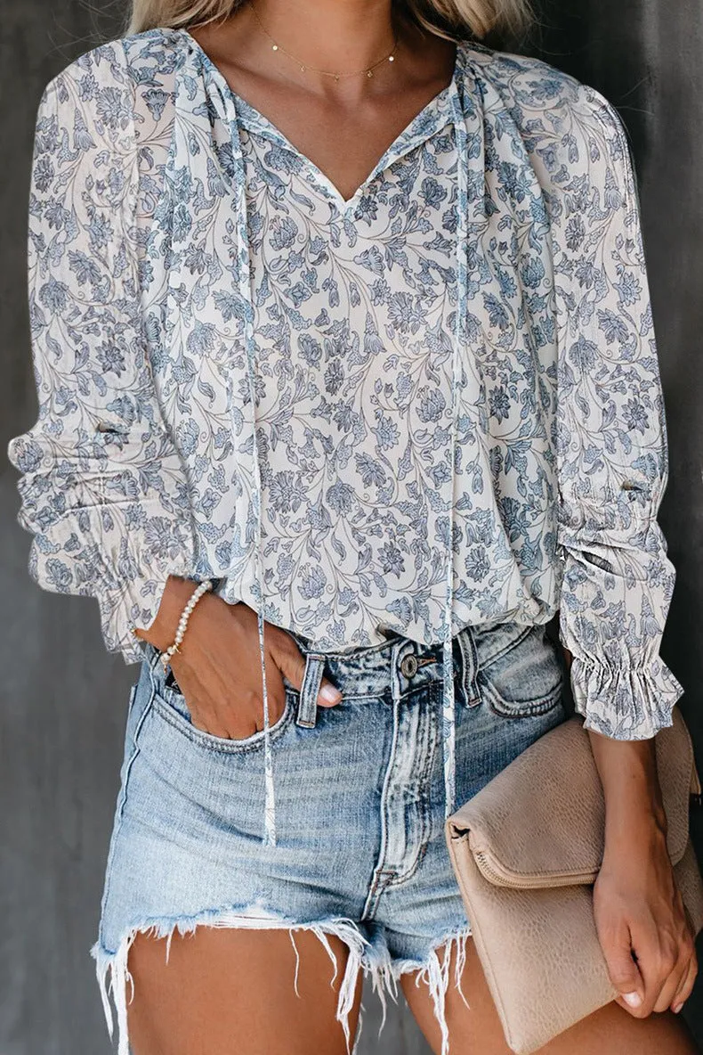 Floral Print Lace-Up V-Neck Long Sleeve T-Shirt Women'S Top Trendy Wholesale Blouse