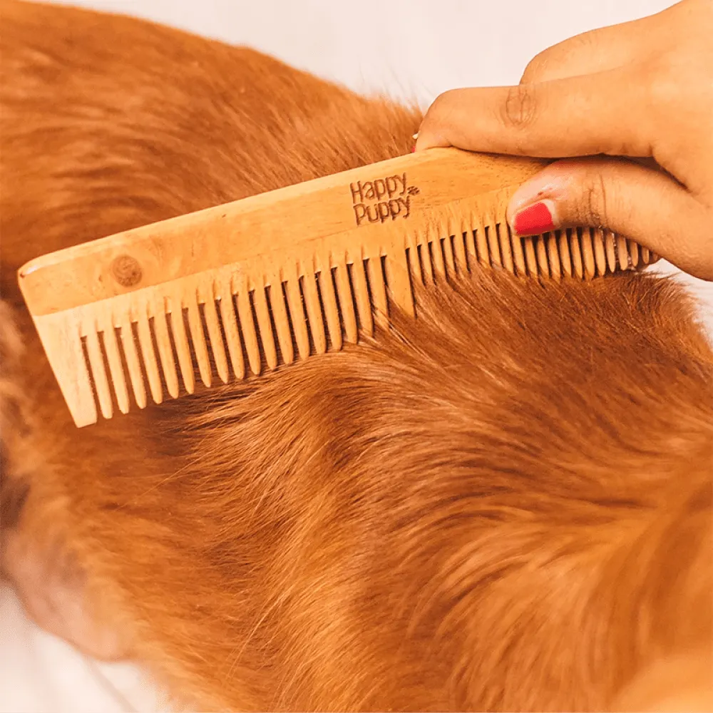 Happy Puppy Organic Dematting Neem Wood Dual Teeth Comb for Dogs and Cats