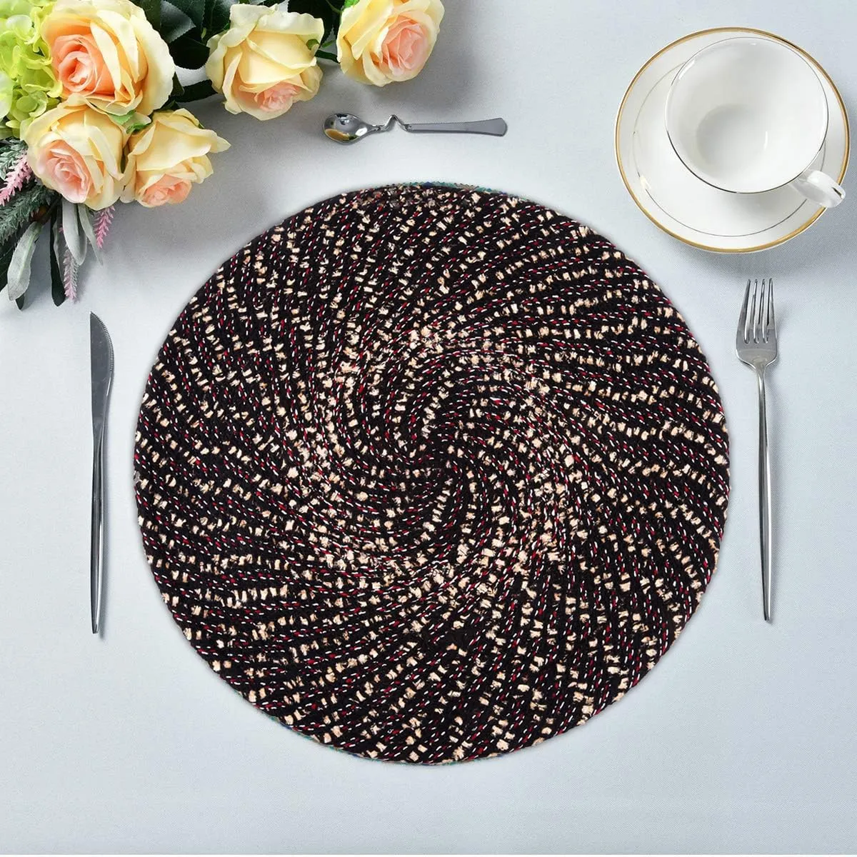 Heart Home Side Table Mats | Round Feather Table Mat | Bed-Side Table Mat | Center Table Mat | Reversible Dining Mat | Table Runner Mat | 16 Inch | Small | Pack of 2 | Brown