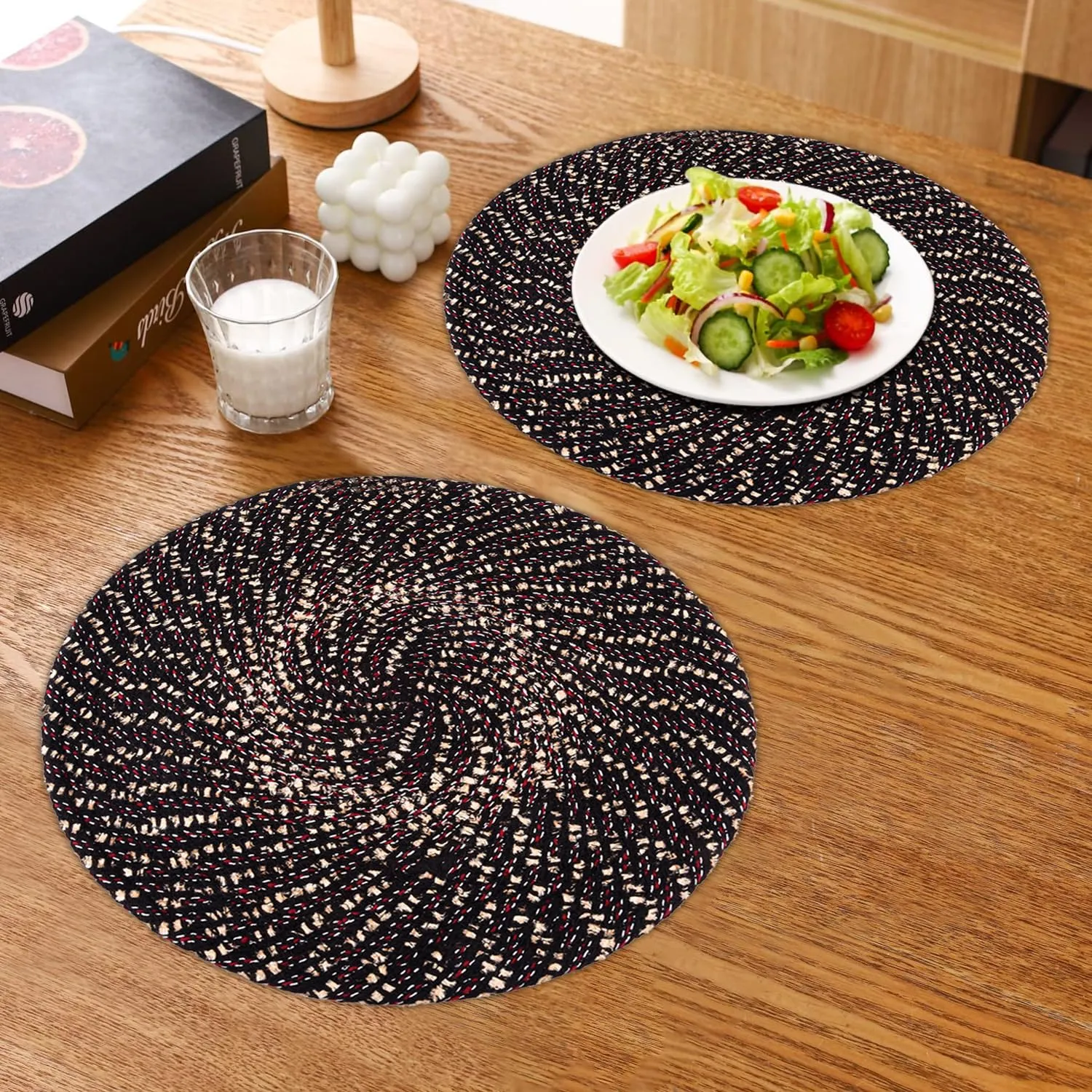 Heart Home Side Table Mats | Round Feather Table Mat | Bed-Side Table Mat | Center Table Mat | Reversible Dining Mat | Table Runner Mat | 16 Inch | Small | Pack of 2 | Brown