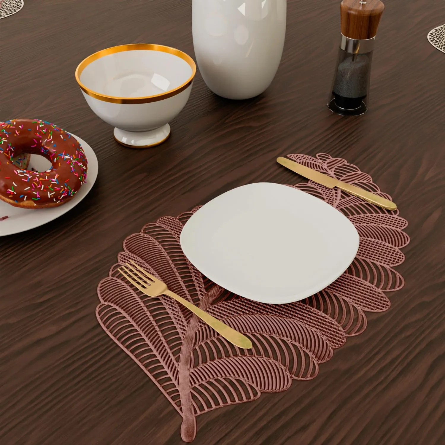 Heart Home Side Table Mats | Table Mat For Bedroom | Bed-Side Table Mat | Center Table Mat | Table Dining Mat | Table Runner Mat | Leaf Shape | 2 Piece Set | Copper