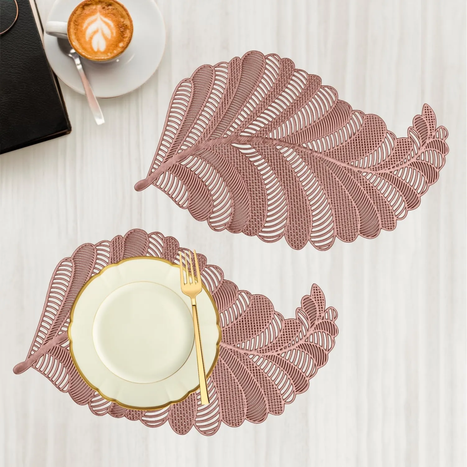 Heart Home Side Table Mats | Table Mat For Bedroom | Bed-Side Table Mat | Center Table Mat | Table Dining Mat | Table Runner Mat | Leaf Shape | 2 Piece Set | Copper