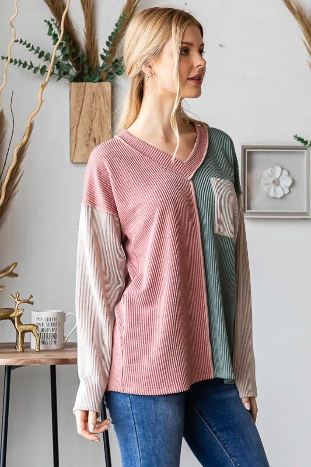 Heimish Color Block Exposed Seam Ribbed Sweatshirt