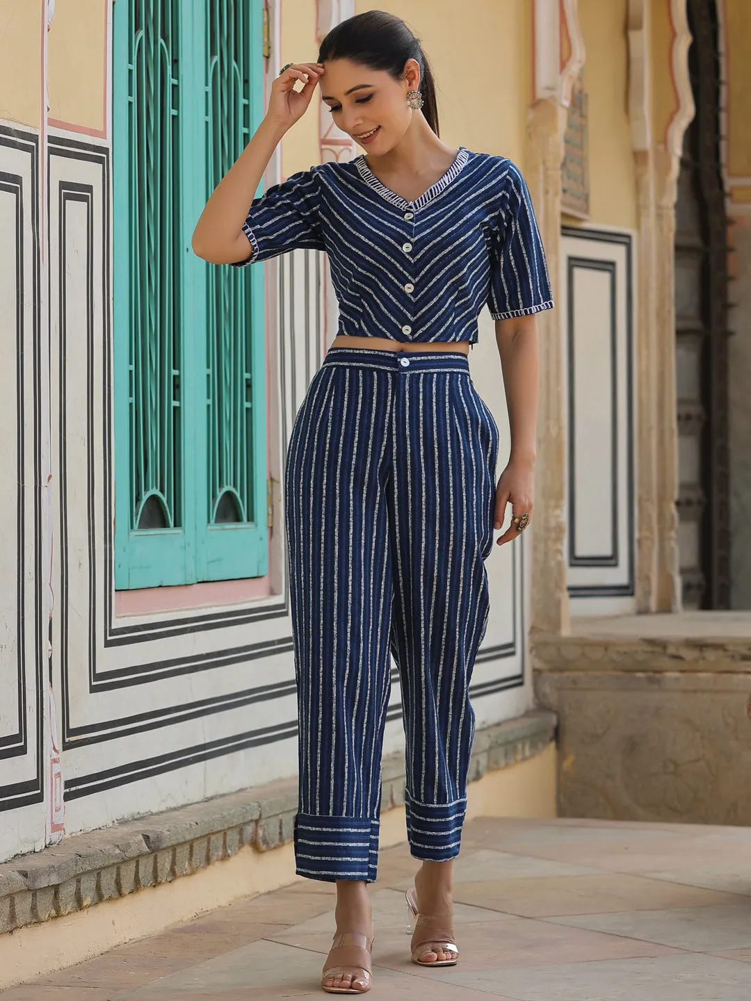 Juniper Navy blue Striped Printed cotton flex Crop Top & Pants Set With Thread Work