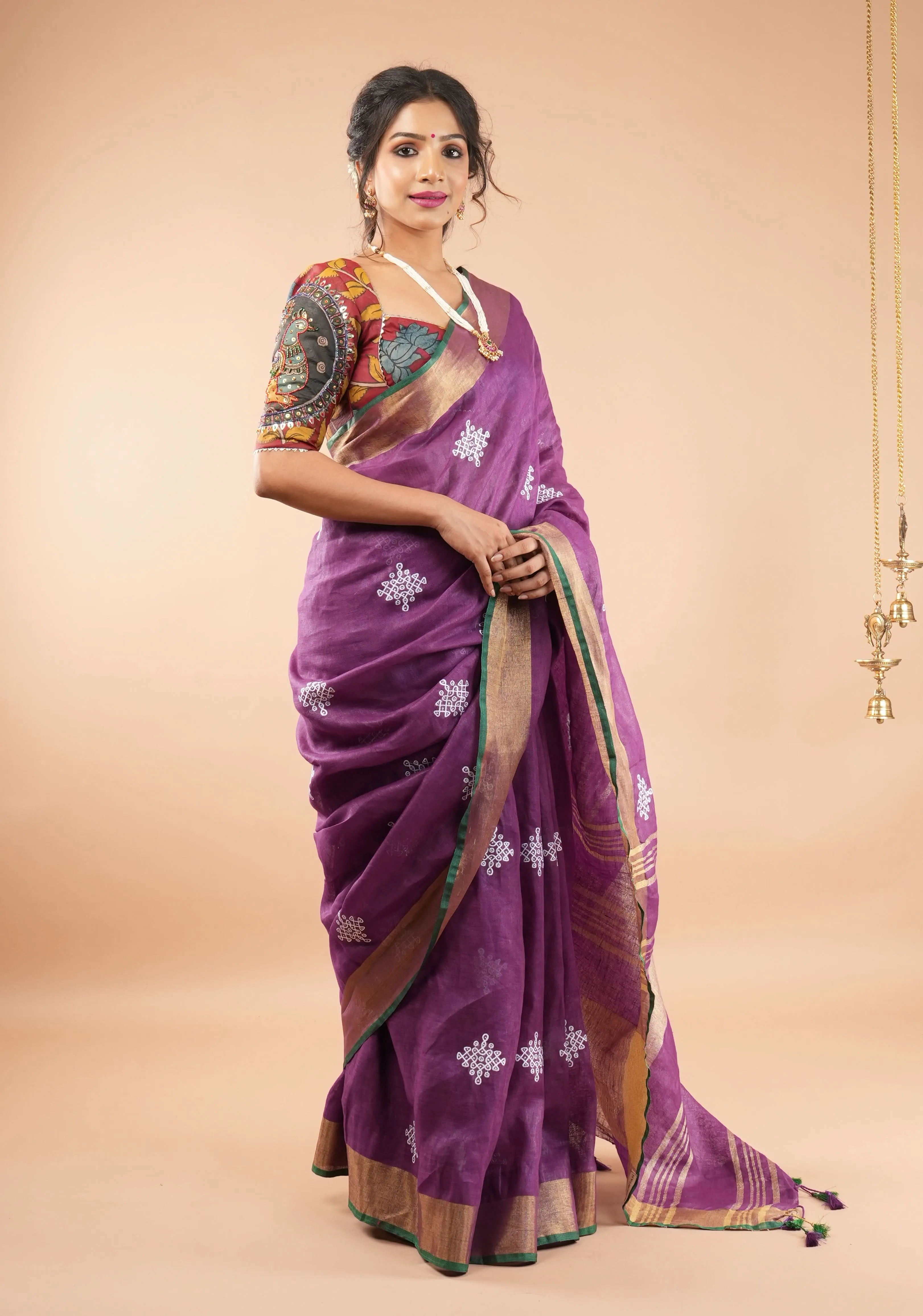 Kolam Design on Pure Linen by Linen Saree in Purple, Gold and Green