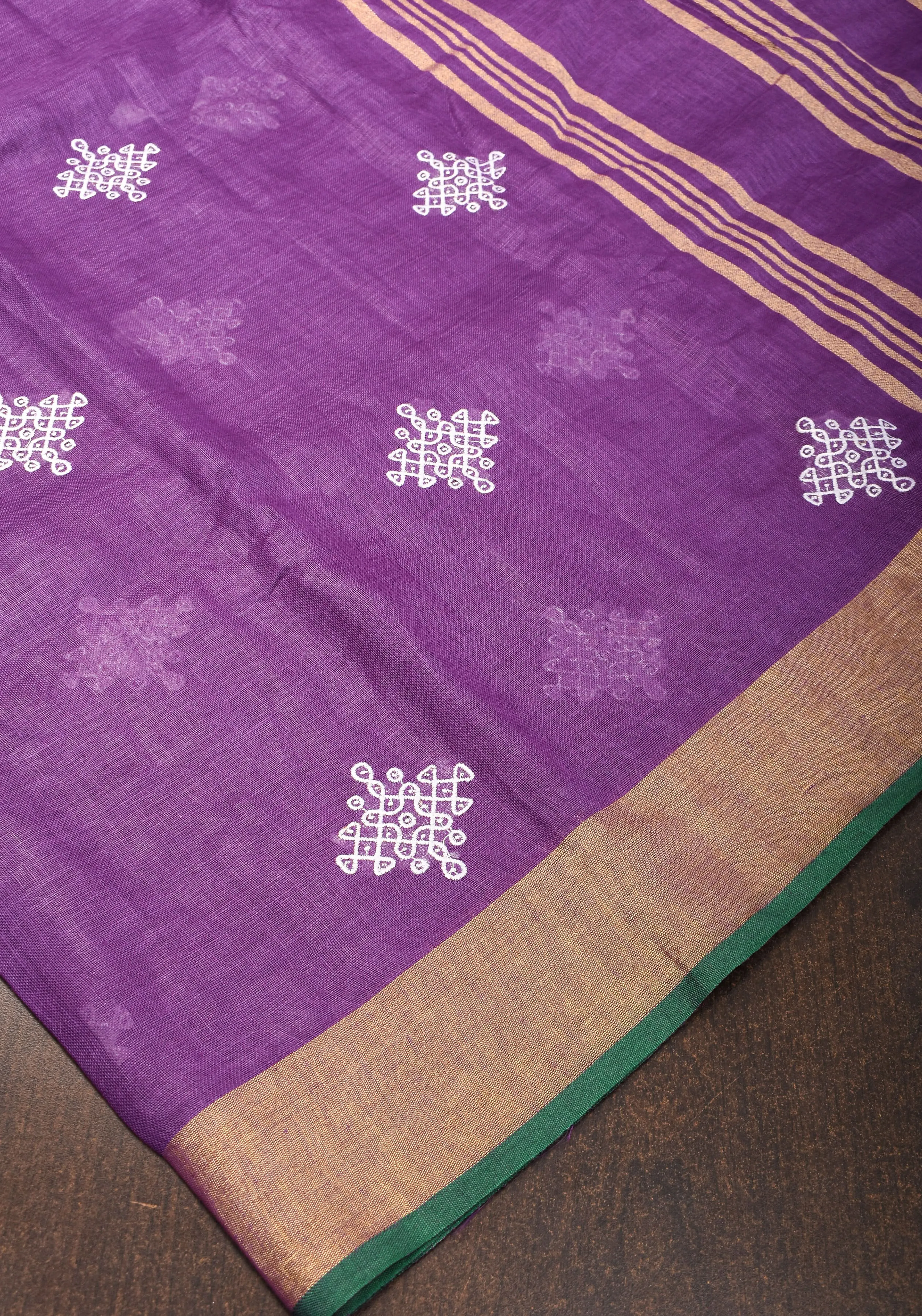 Kolam Design on Pure Linen by Linen Saree in Purple, Gold and Green