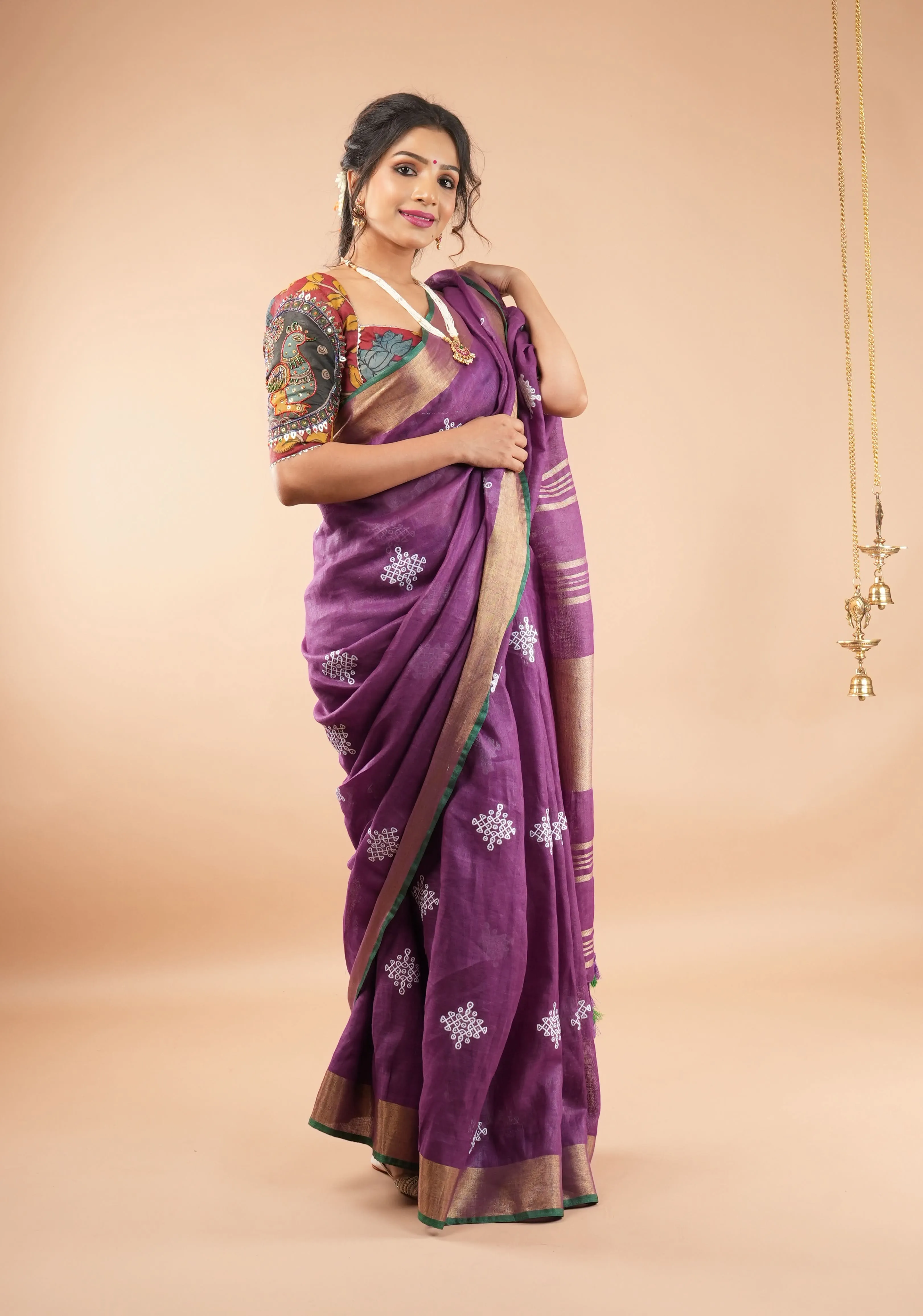 Kolam Design on Pure Linen by Linen Saree in Purple, Gold and Green