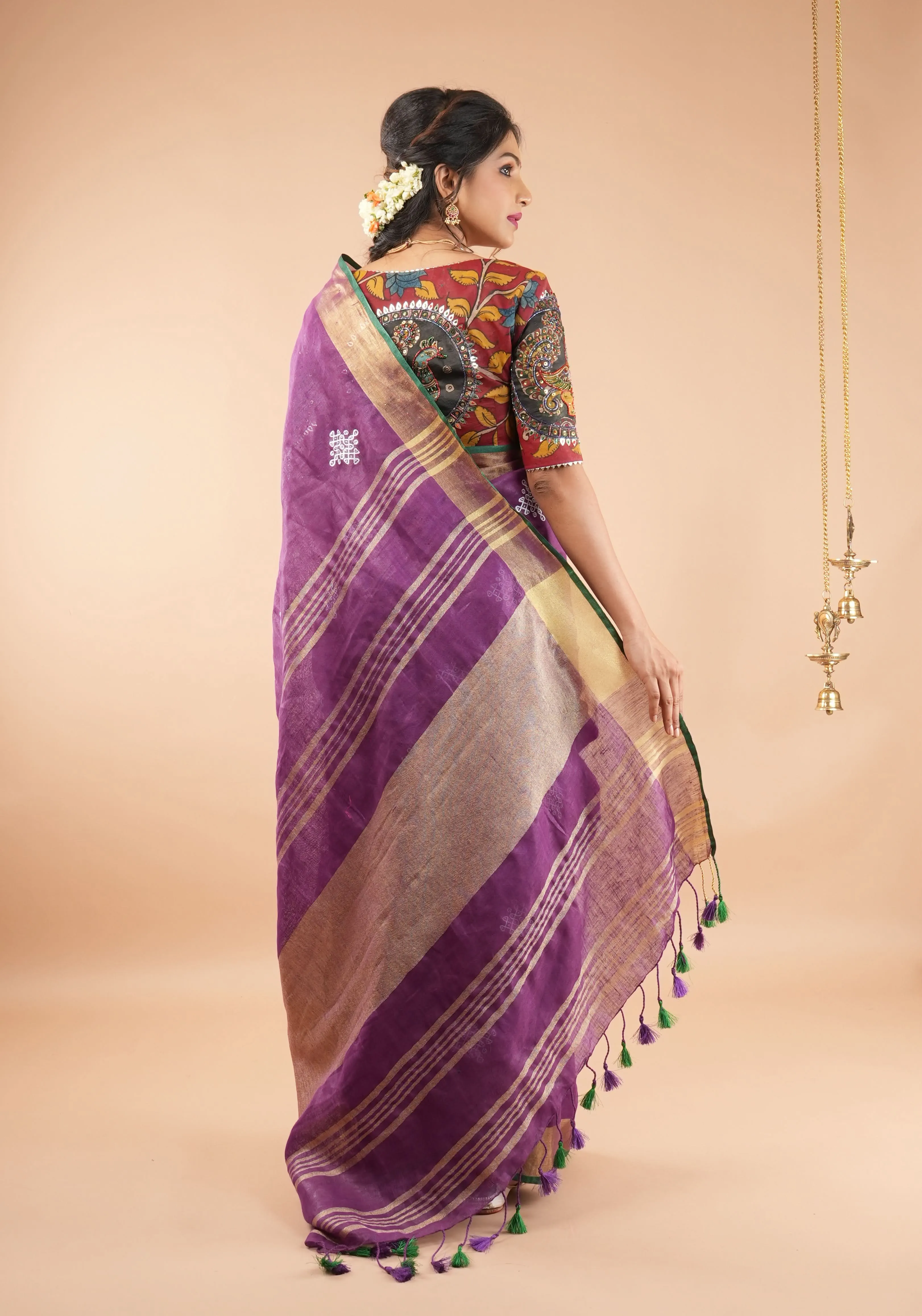 Kolam Design on Pure Linen by Linen Saree in Purple, Gold and Green