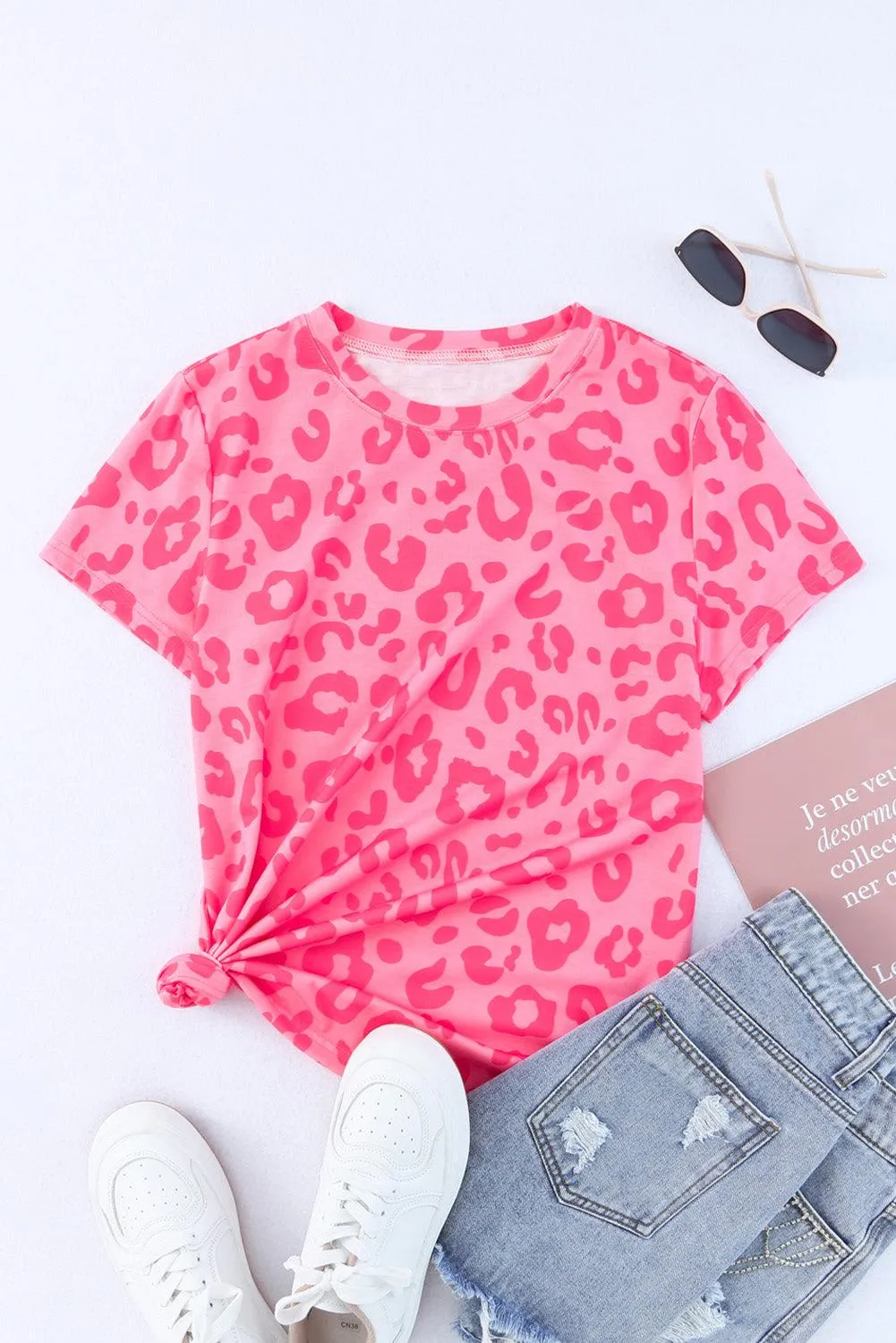 Leopard  Print Crew Neck Pink T Shirt for Ladies