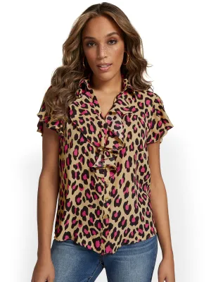 Ruffle Button-Front Blouse - Leopard-Print