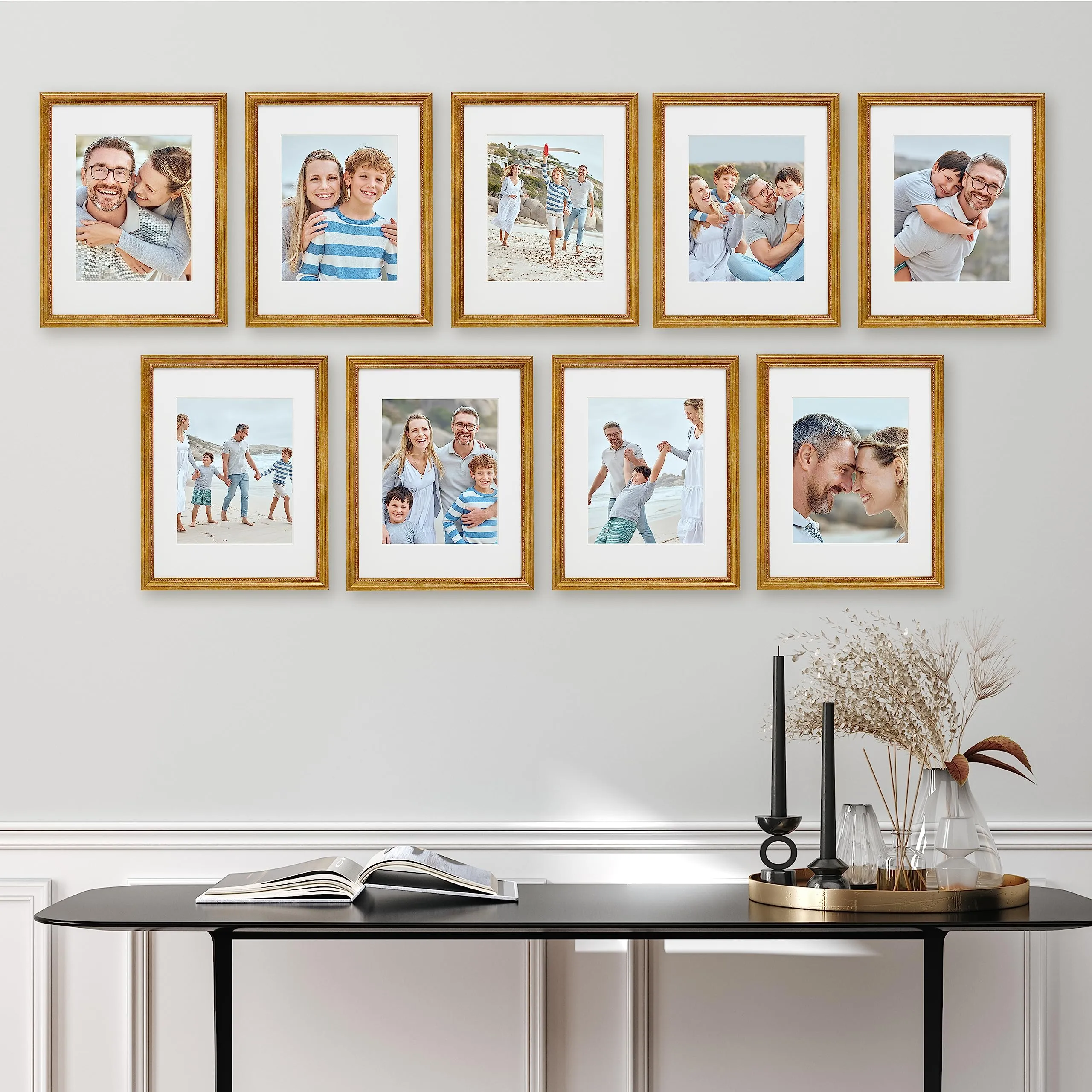 Sheffield Home 9 Piece Gallery Wall Frame Set, 11x14 Inch, Matted to 8x10 Inch, Beaded Antique Brass