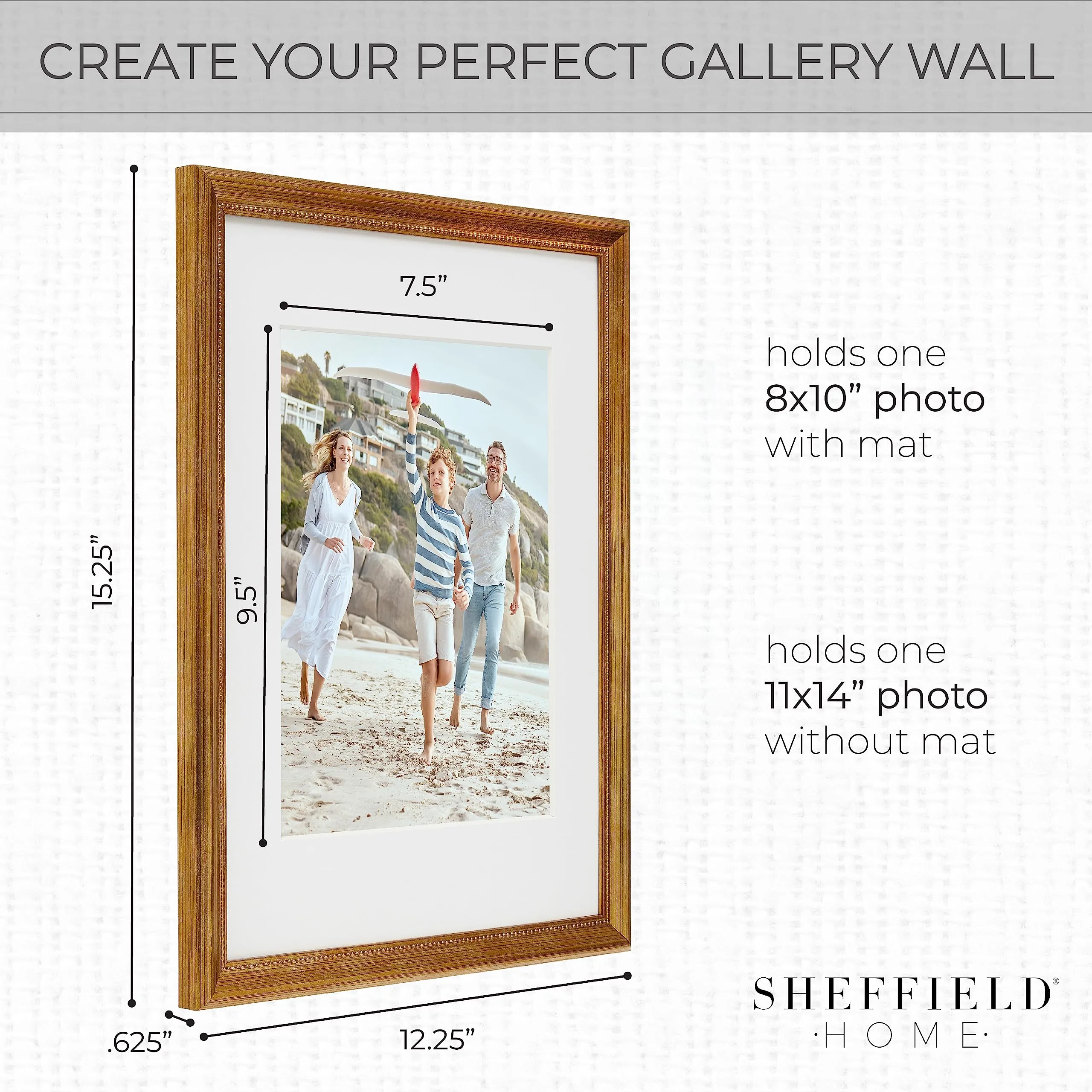 Sheffield Home 9 Piece Gallery Wall Frame Set, 11x14 Inch, Matted to 8x10 Inch, Beaded Antique Brass