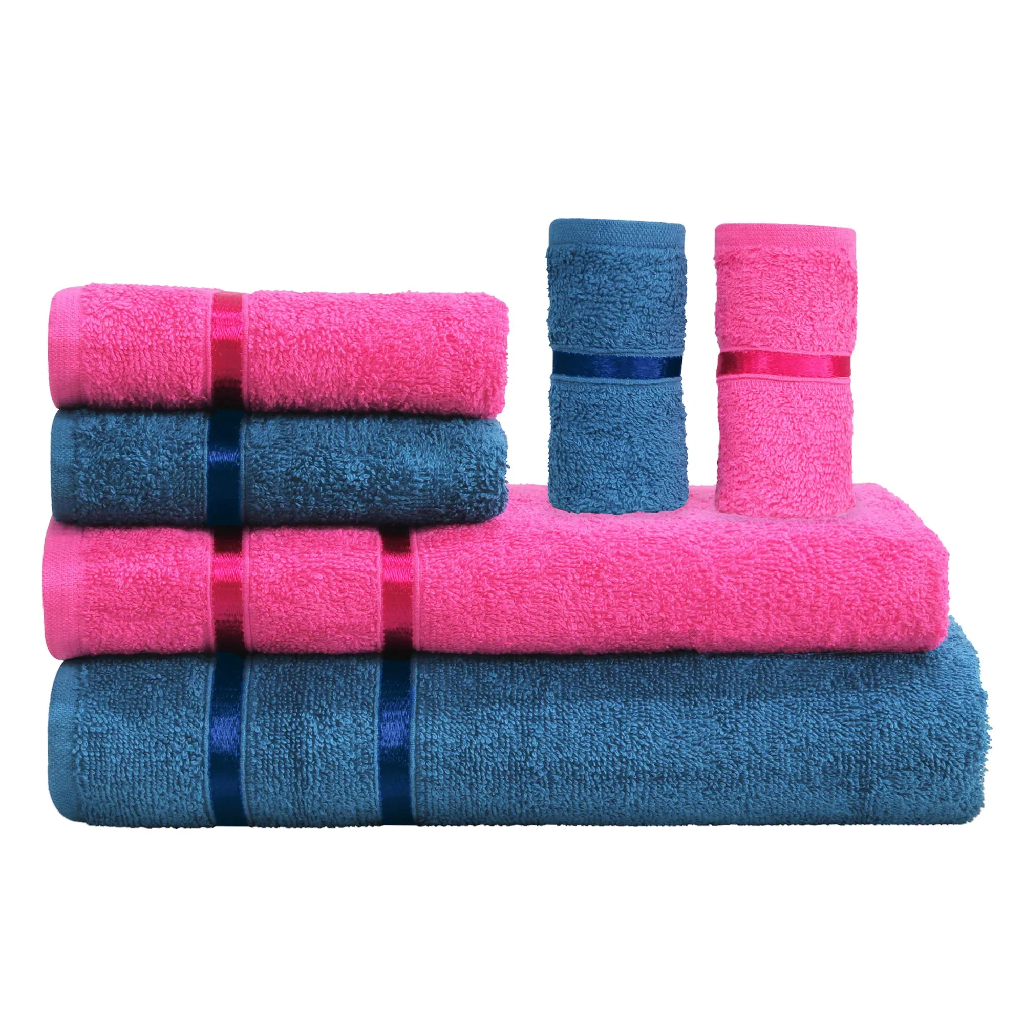 Story@Home 6 Piece 450 GSM Cotton Soft Towel Set - Navy Blue and Pink