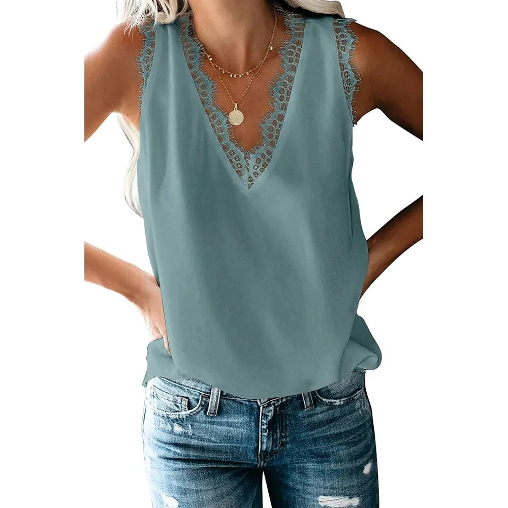 Women Fashion V Neck Eyelash Thin Pullover Sleeveless Blouse