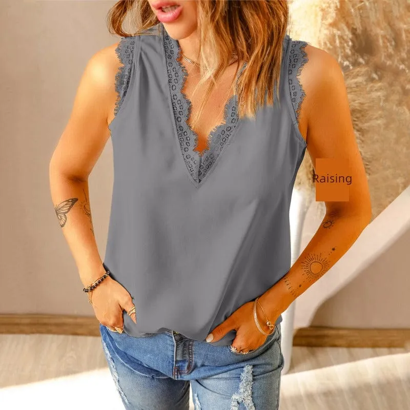 Women Fashion V Neck Eyelash Thin Pullover Sleeveless Blouse