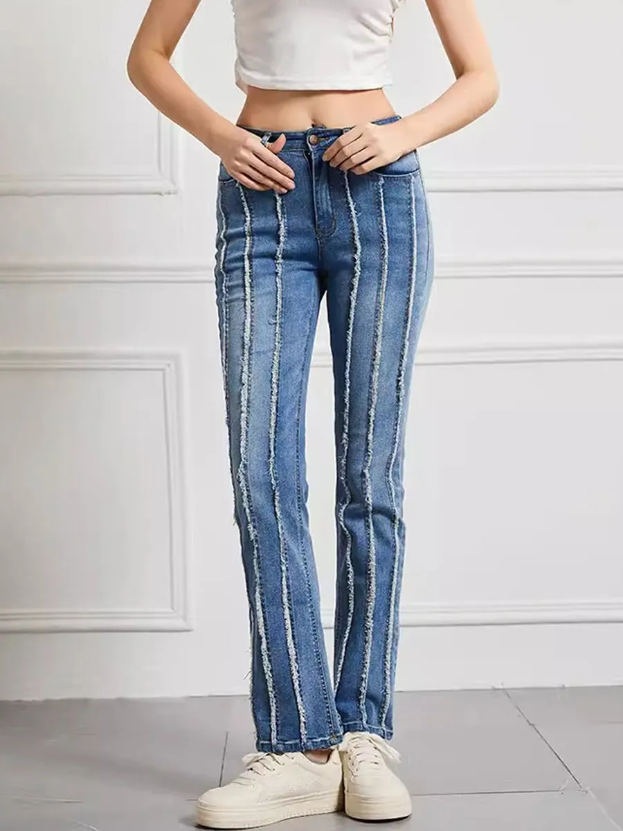 Women's Slim High Waist High Elastic Raw Edge Patchwork Jeans