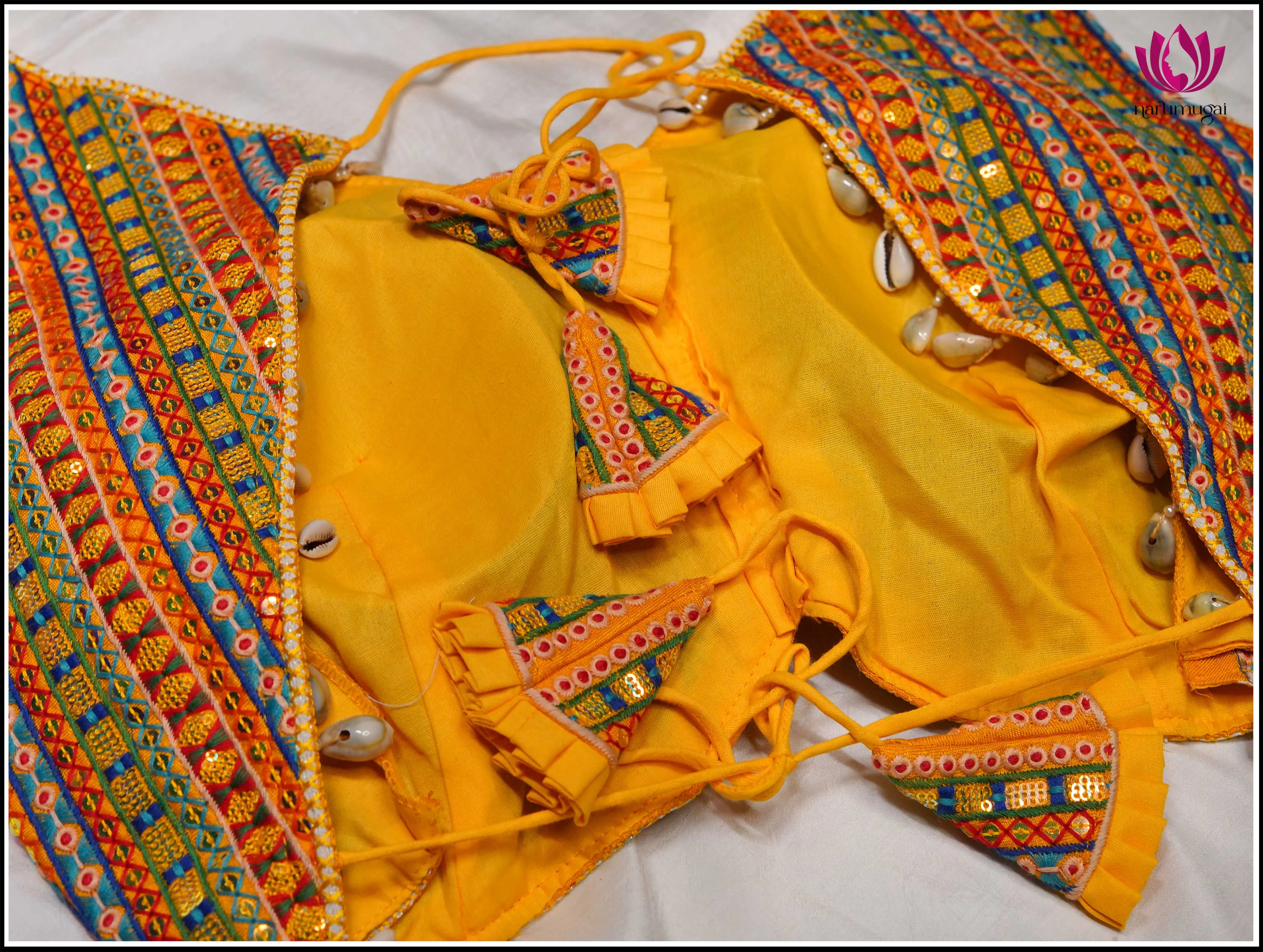 Yellow Raw Silk with colorful threadwork, Sleeveless & Backless - Free Size