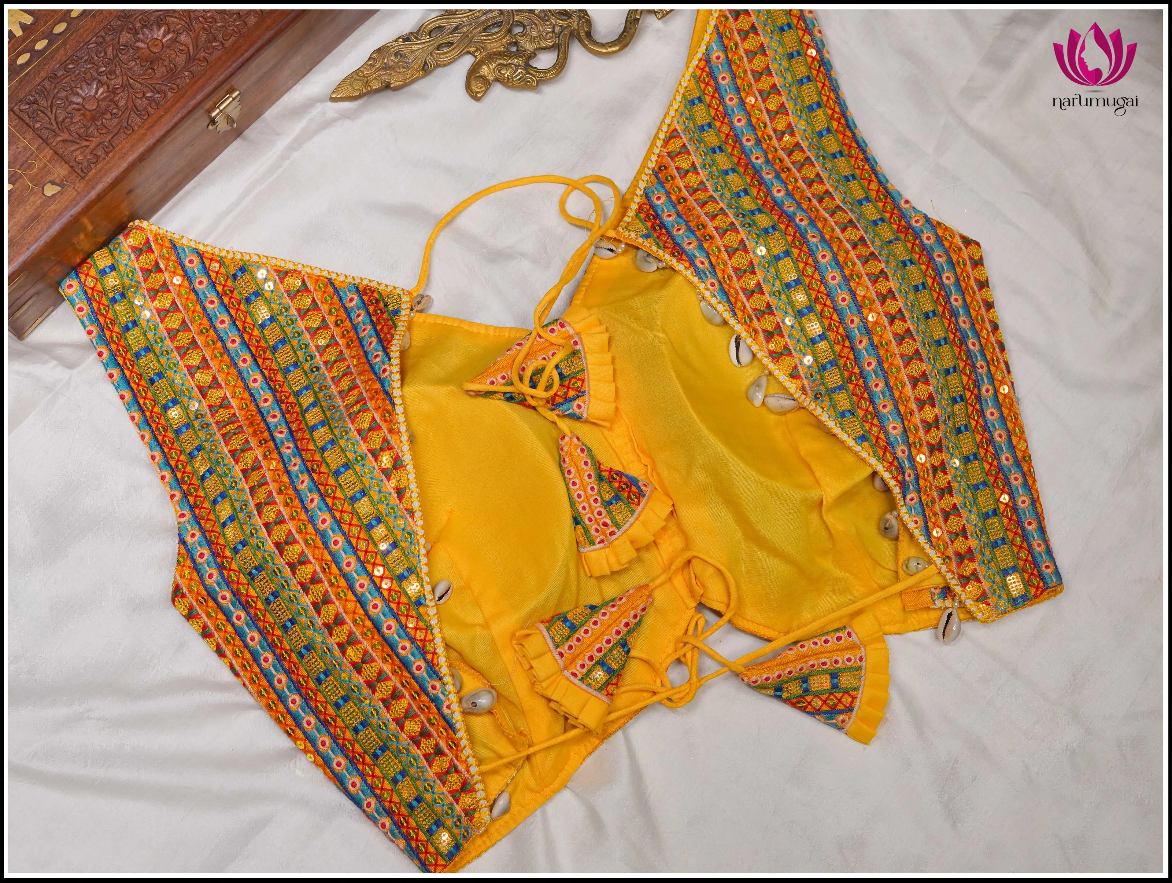 Yellow Raw Silk with colorful threadwork, Sleeveless & Backless - Free Size