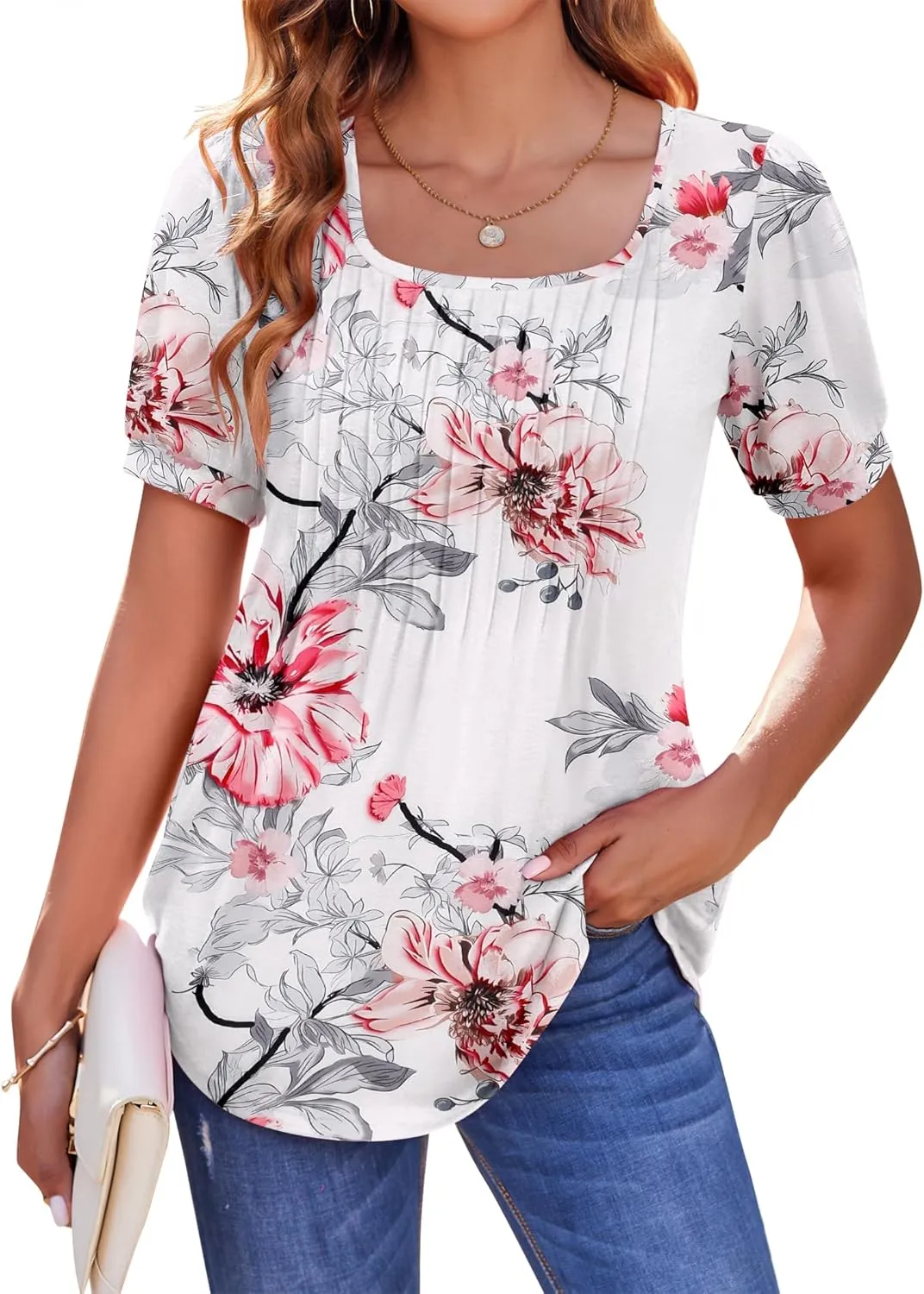 Zeagoo Casual Puff Short Sleeve T Shirts Floral/Solid Pleated Tunics Blouse