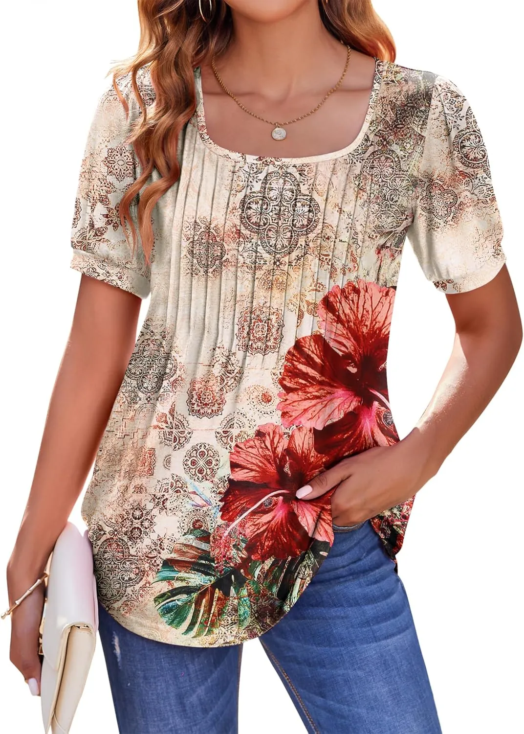 Zeagoo Casual Puff Short Sleeve T Shirts Floral/Solid Pleated Tunics Blouse